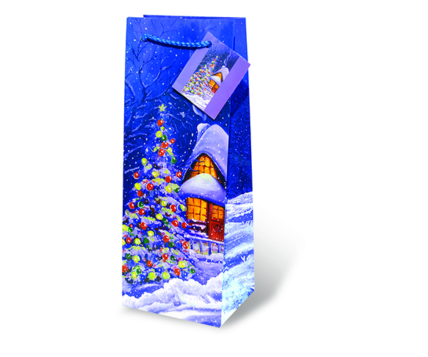Printed Paper Wine Bottle Bag  - Snowy Christmas