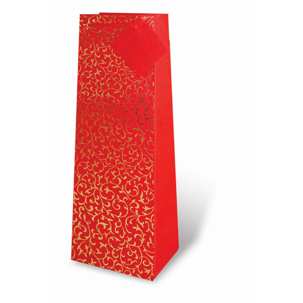 Handmade Paper Wine Bottle Bag  - Red and Gold Flocked