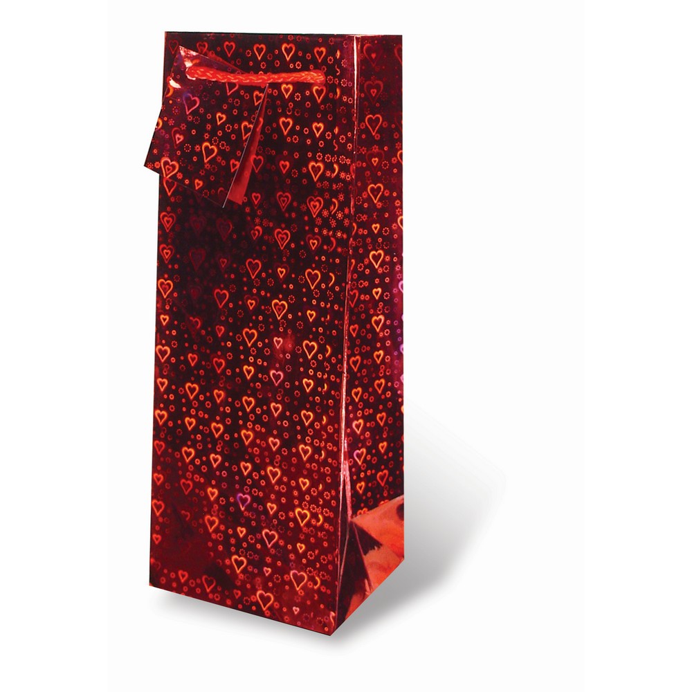 Foil Paper Wine Bottle Bag  - Red Hearts