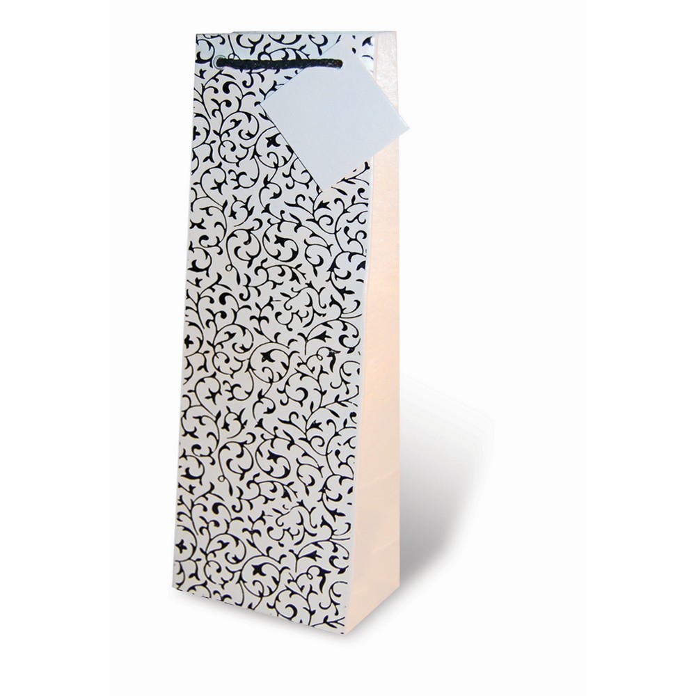 Handmade Paper Wine Bottle Bag  - Black and White Flocked