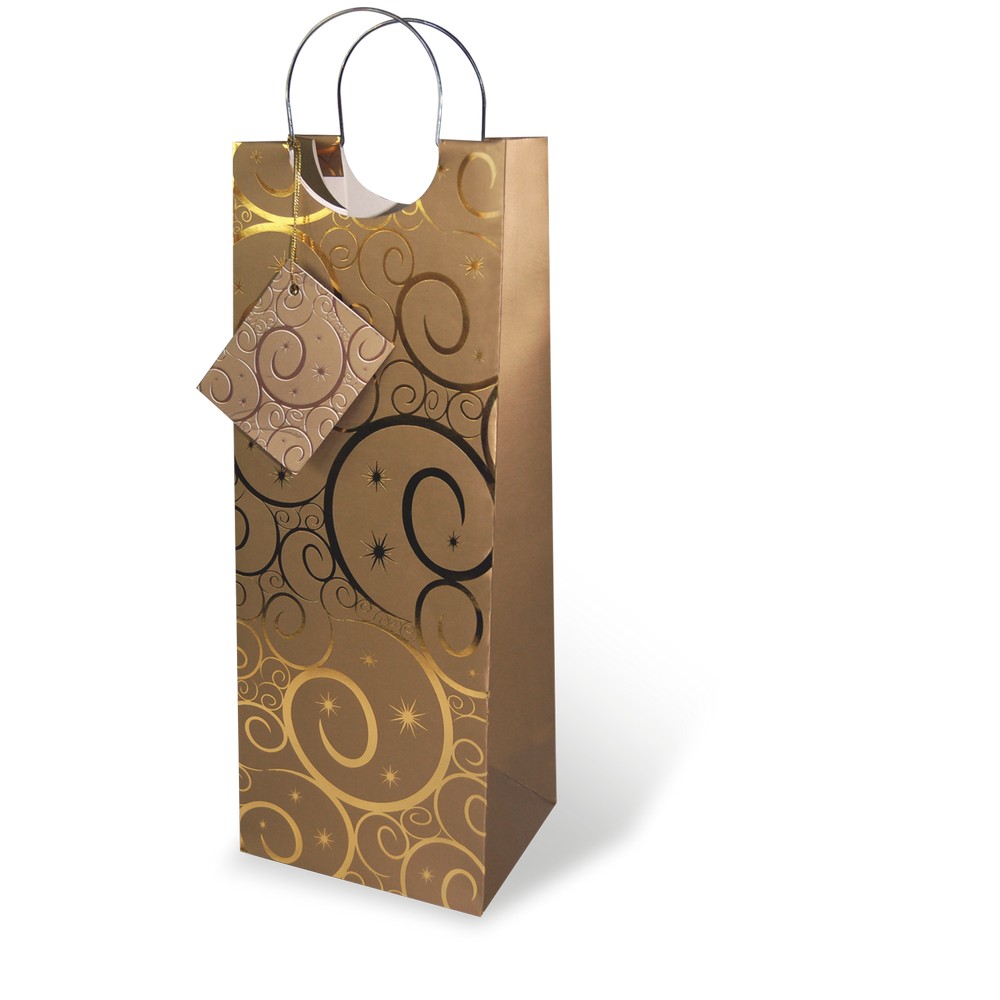 Wine Bottle Bag Gold Swirls with Wire Handle