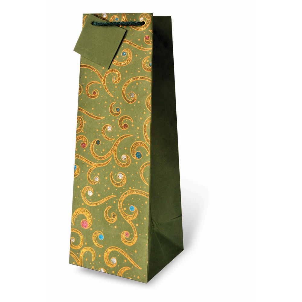 Handmade Paper Wine Bottle Bag Glitter and Gold Swirl