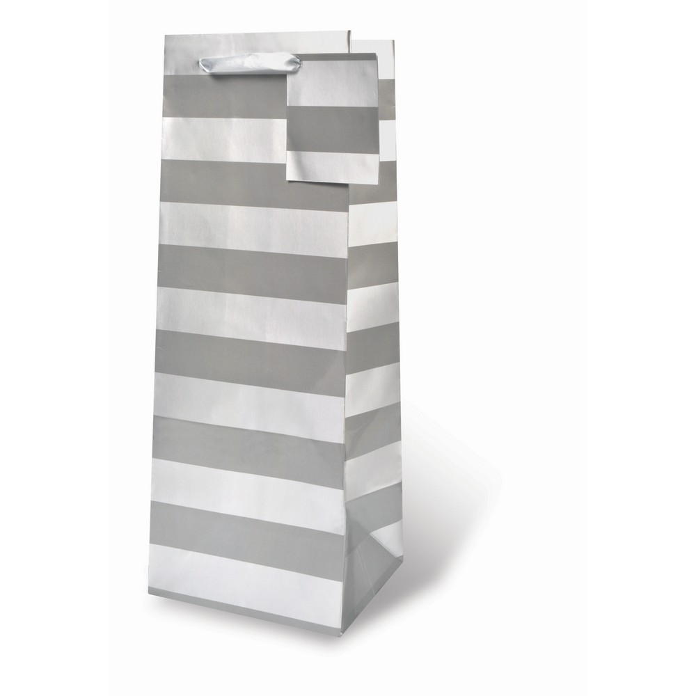 Foil Paper Wine Bottle Bag  - Silver Stripe