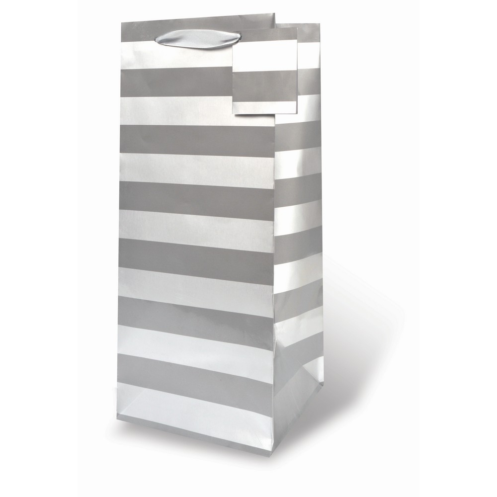 Foil Paper Wine Bottle Bag  - Silver Stripe