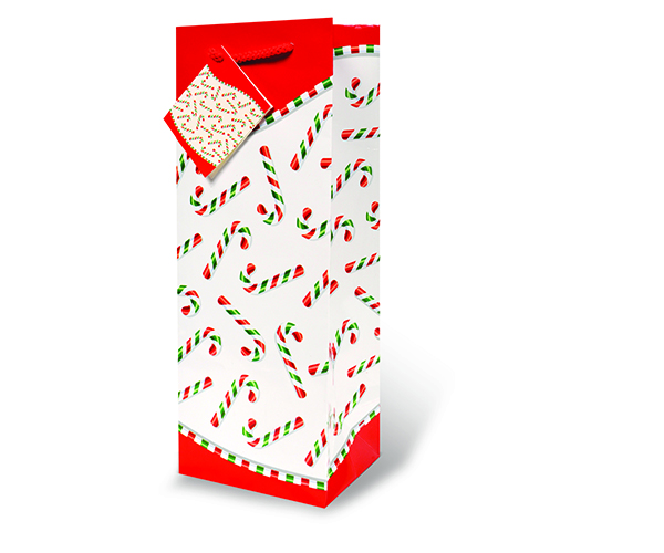 Printed Paper Wine Bottle Bag  - Candy Cane