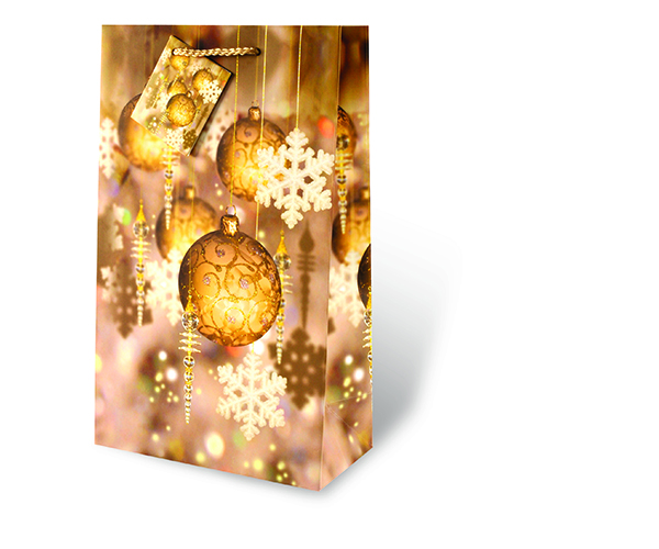 2 Bottle Printed Paper Gift Bag  - Festive Holidays Gold