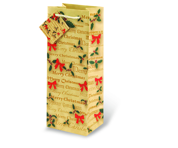 Printed Paper Wine Bottle Bag  - Christmas Bows