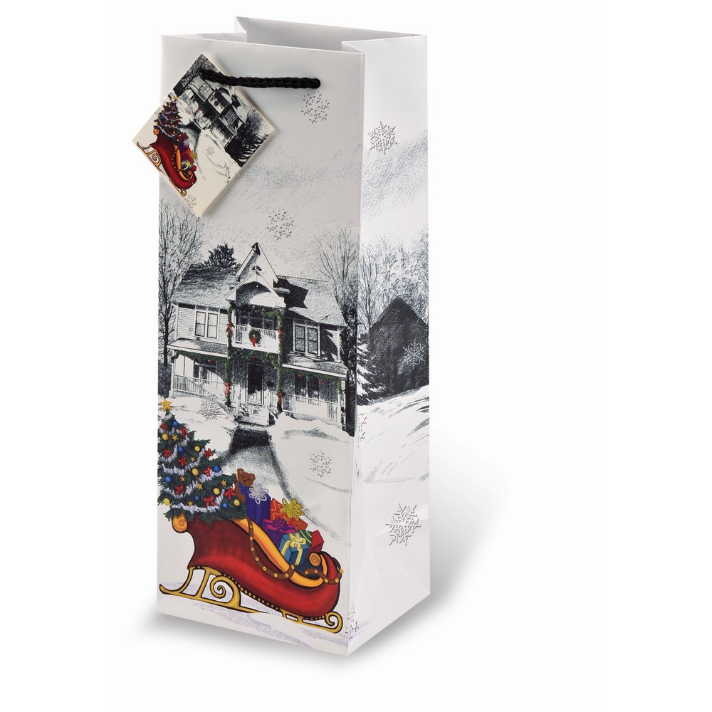 Printed Paper Wine Bottle Bag  - Sleigh