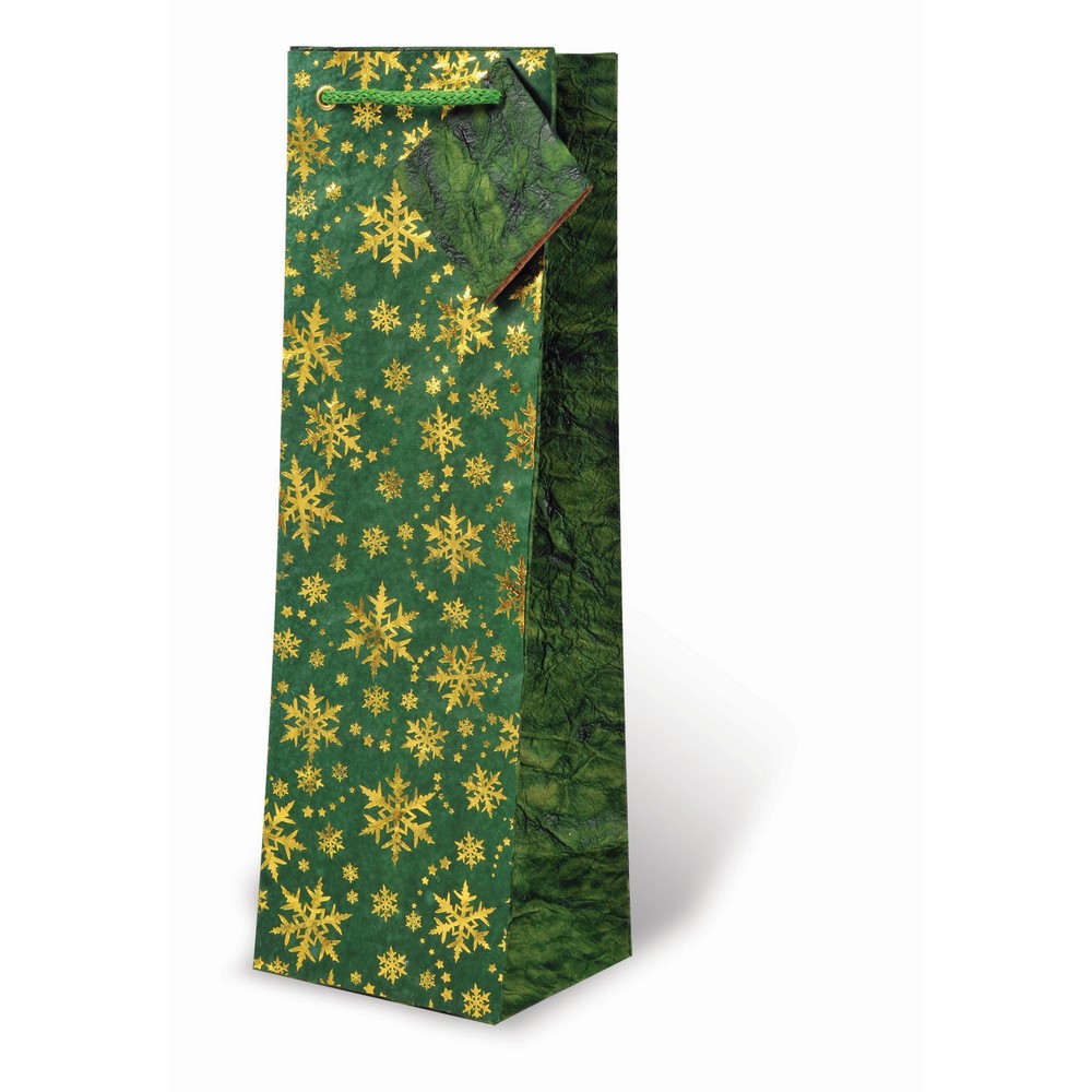 Printed Paper Wine Bottle Bag  - Green and Gold Snowflakes