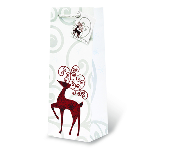 Printed Paper Wine Bottle Bag  - Reindeer