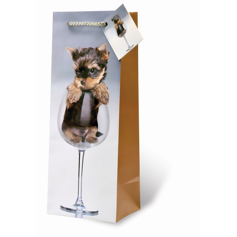 Printed Paper Wine Bottle Bag  - A Puppy Pour