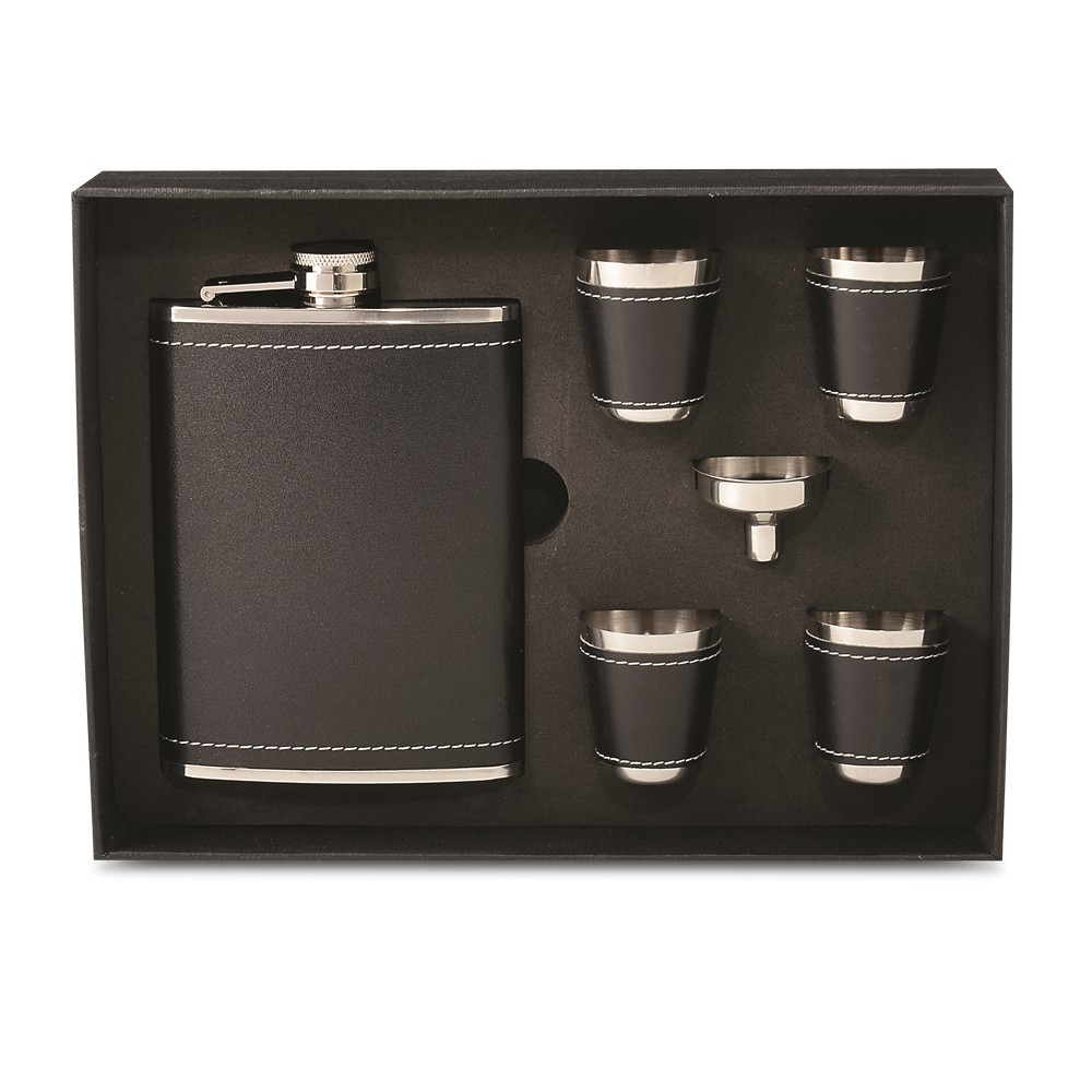 Stainless Steel and Faux Black Leather Flask Gift Set