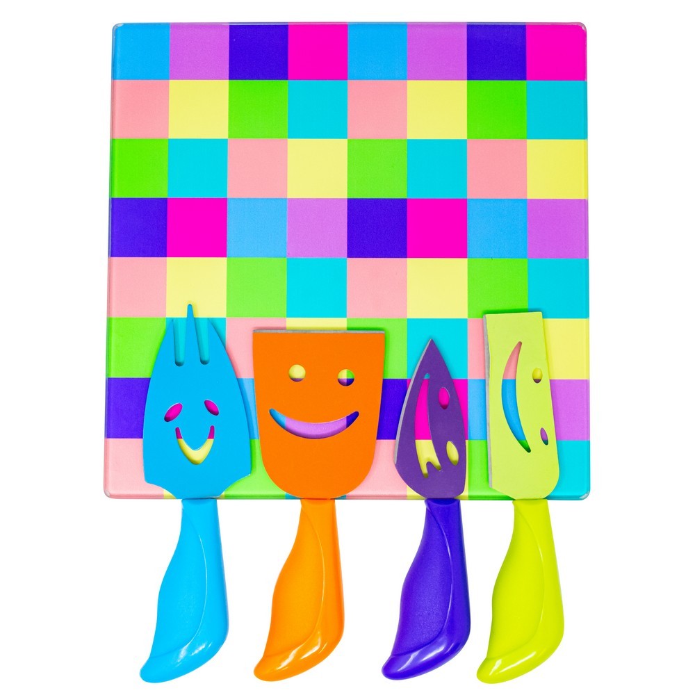 4 Piece Knife & Glass Happy Checkered Board Gift Set