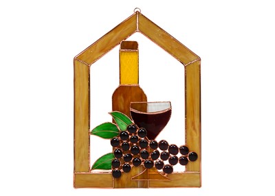 Stained Glass Large Wine Bottle Glass Grapes Scene Steeple Window Panel