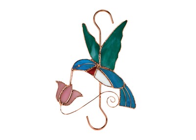 Stained Glass Hummingbird with Pink Flower Hook