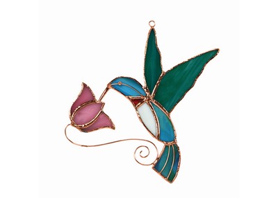 Stained Glass Hummingbird with Pink Flower Suncatcher