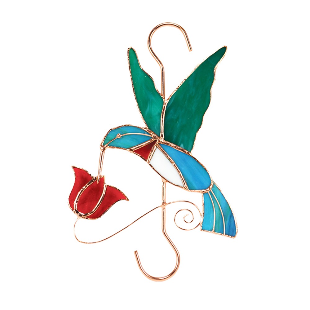 Stained Glass Hummingbird withRed Flower Hook