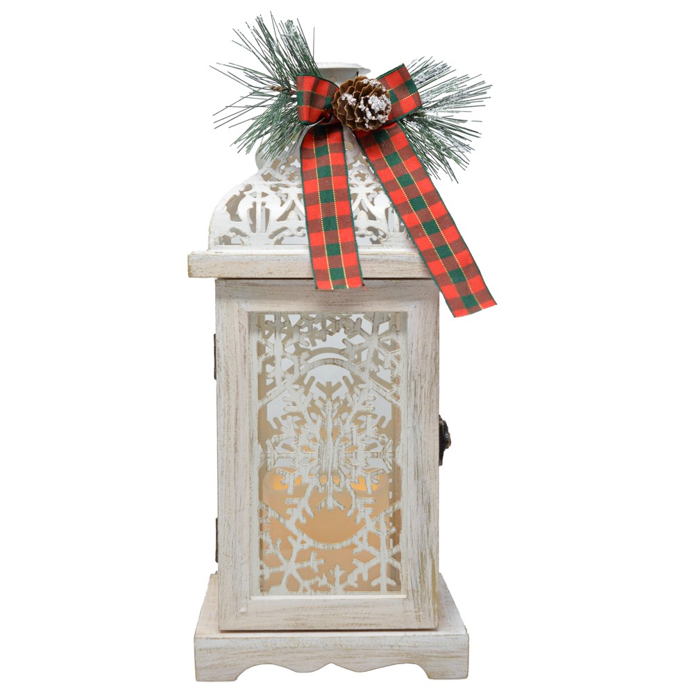 14 inch White Wood LED Snowflake Lantern