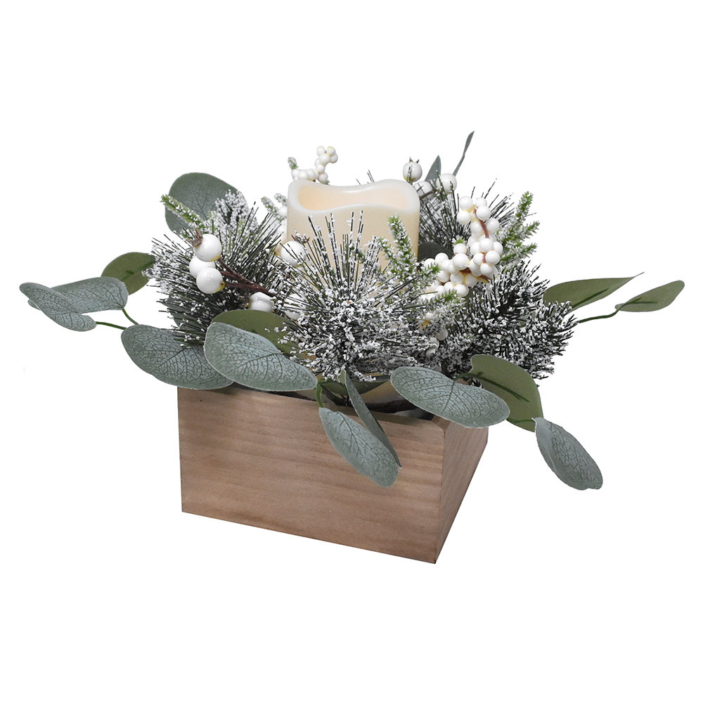 Pine and White Berry LED Candle Set with Wood Holder