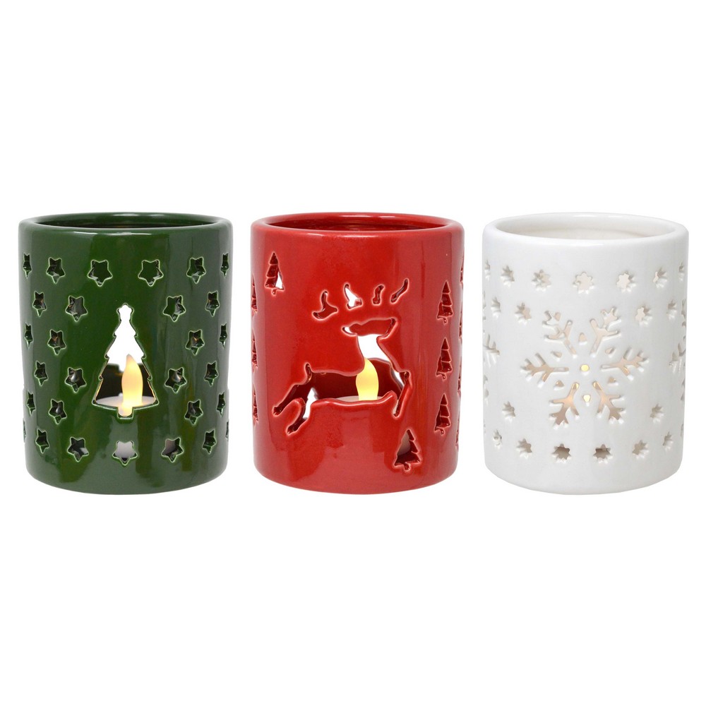 3 Piece Set Holiday Ceramic Candle Holders with LED Tea Lights