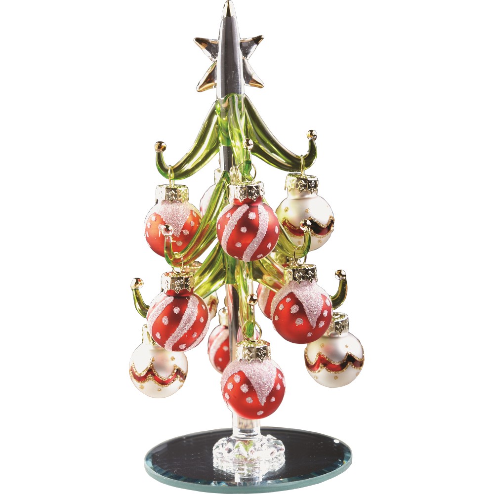 Green Glass Tree 6 inch with Red and White Ornaments