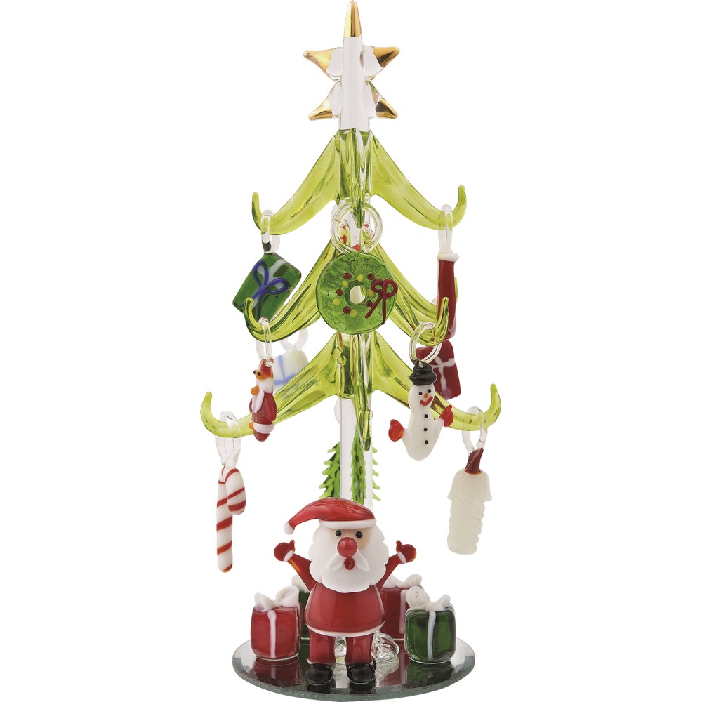 Green Glass Tree 8 inch with Fused Glass Holiday Icon Ornaments